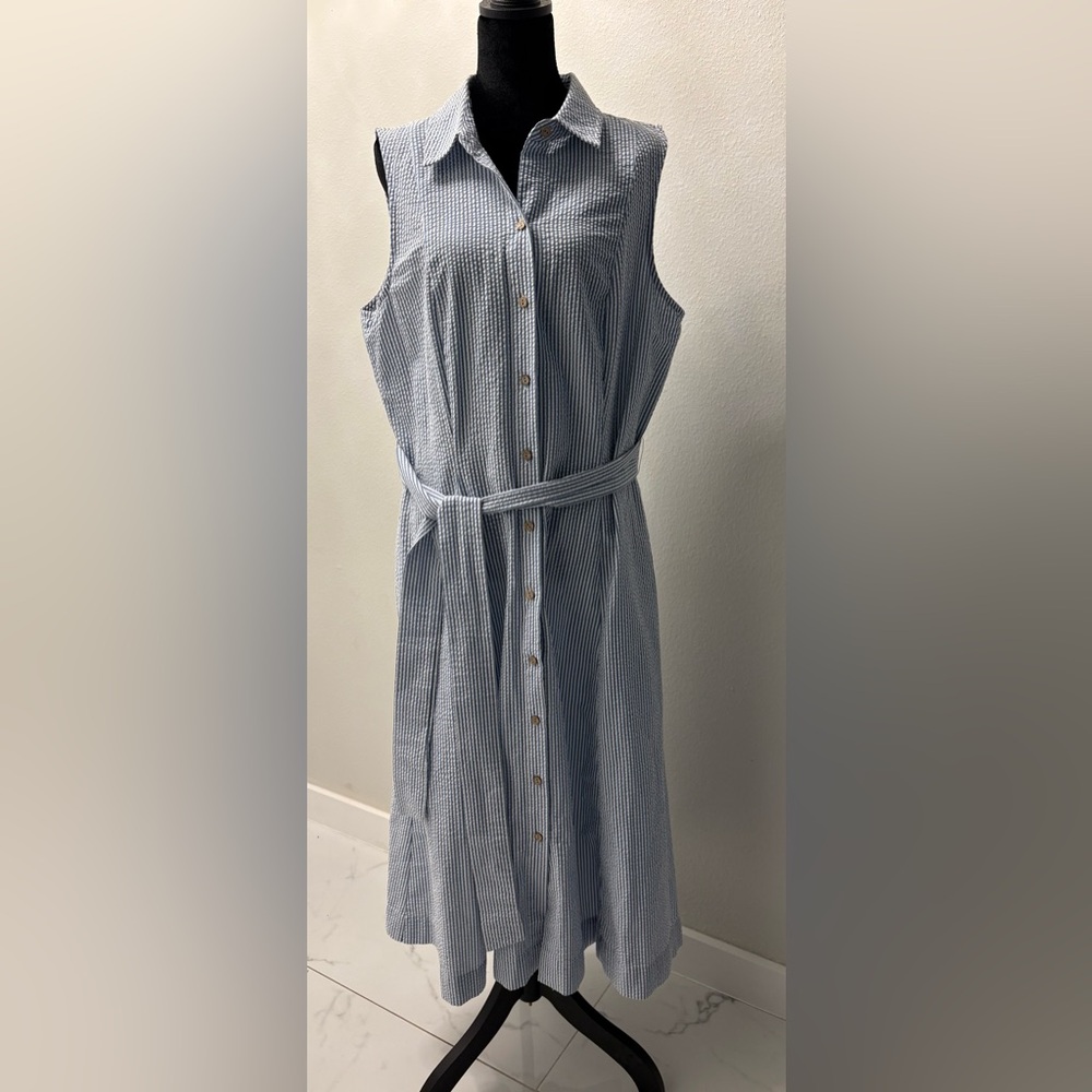 Anne Klein Blue and White Striped Sleeveless Midi Shirt Dress with Tie Waist